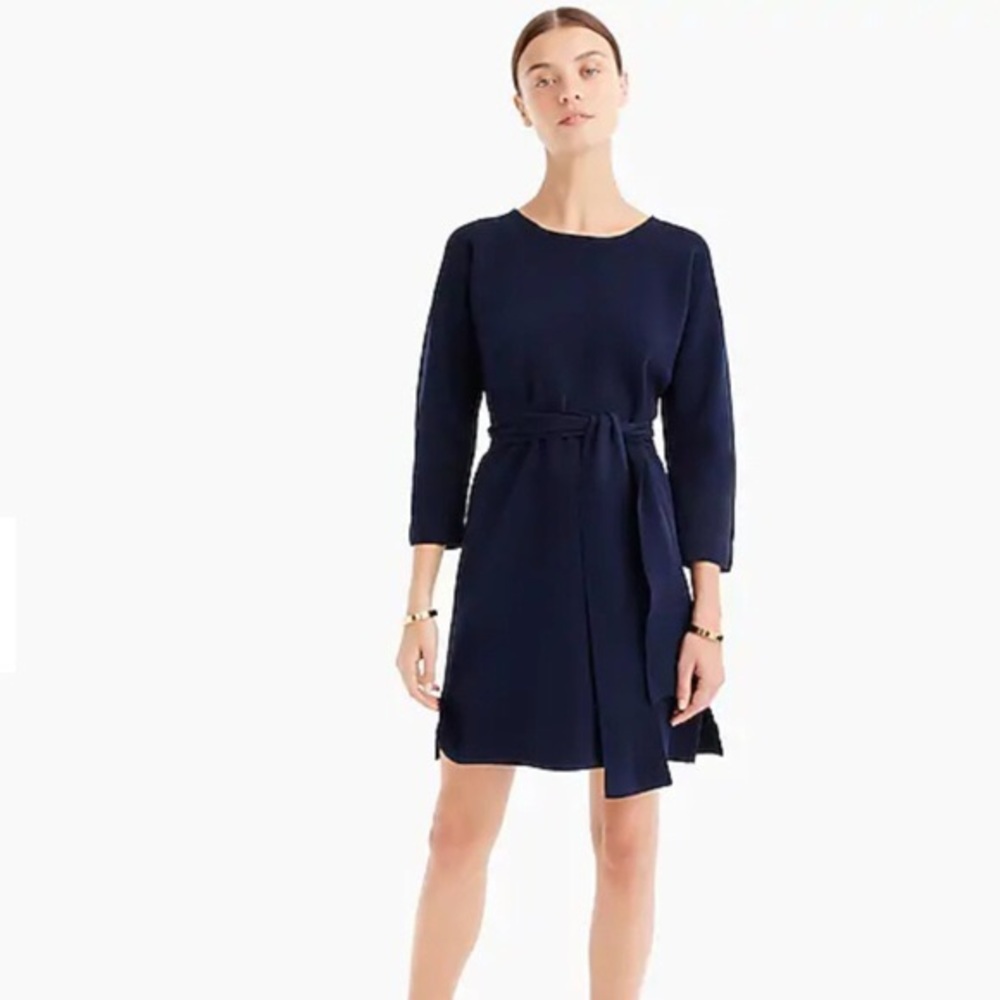 J. Crew Tie-Waist Cotton Dress in Navy